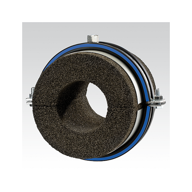 Изоляционный хомут DGL Mupro синий, M10, 54,0 мм, пеностекло изол. 25/150 мм, толщина T4, оцинкованный, с усиливающей пластиной, Для трубы диаметром, мм: 13,5, Толщина изоляции, мм: 25, Метрическая резьба: М10 