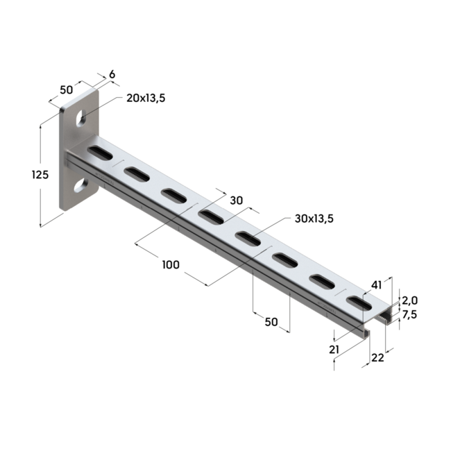 Консоль монтажная ТСА 41x21x2,0- 600 Termoclip, Длина консоли, мм: 600, Материал профиля: Оцинкованный 