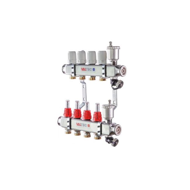 Коллекторный блок из НЕРЖ. стали с регул. клап. и расх., 1"х6 вых. Евроконус 3/4" Valtec VTc.586.EMNX.0606, Размер изделия: 1, 6 x 3/4, евроконус 