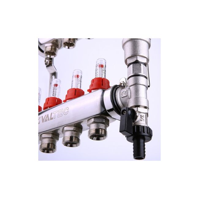 Коллекторный блок из НЕРЖ. стали с регул. клап. и расх., 1"х6 вых. Евроконус 3/4" Valtec VTc.589.EMNX.0606, Размер изделия: 1, 6 x 3/4, «евроконус» ,фото 2