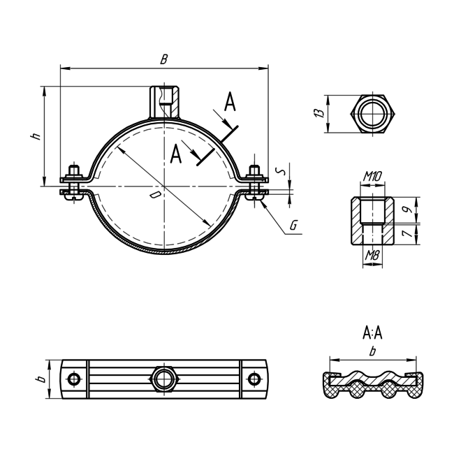 Хомут для стандартных нагрузок PI-SD 7" (193-200) М8/М10 25x2,0F Termoclip, Размер хомута в дюймах: 7”, Для трубы диаметром, мм: 193-200, Метрическая резьба: M8/M10 ,фото 2