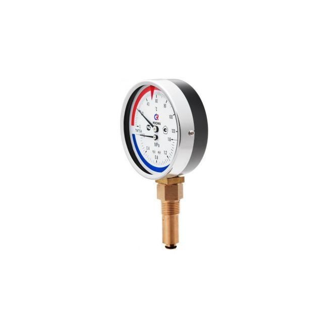 Термоманометр TMTБ-41P с нижним подключением., 1/2", 0-120 °С, кл. точн. 2,5, 6 бар. Росма, Резьба присоединения: 1/2", Диаметр корпуса,мм: 100, Диапазон измерений,бар: 6, Диапазон измерений, °С: 0-120 ,фото 2