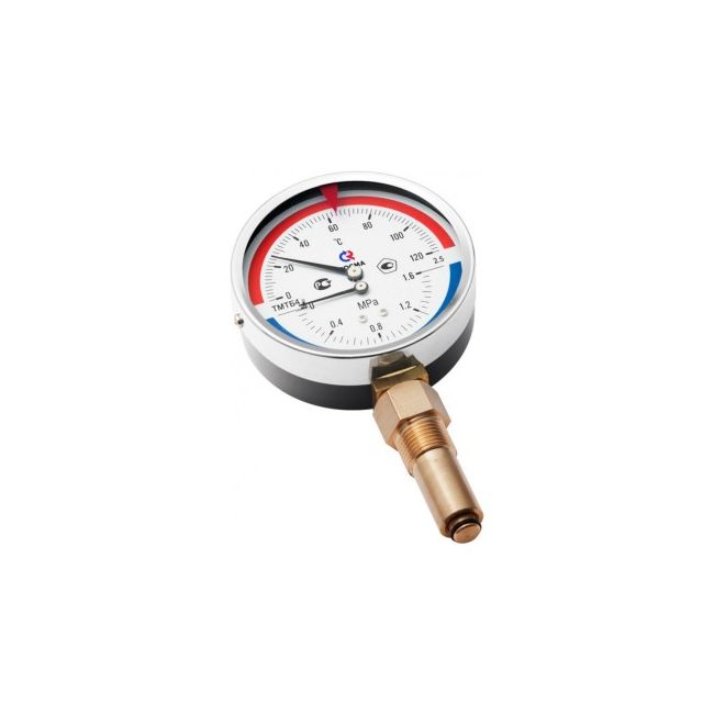 Термоманометр TMTБ-41P с нижним подключением., 1/2", 0-120 °С, кл. точн. 2,5, 6 бар. Росма, Резьба присоединения: 1/2", Диаметр корпуса,мм: 100, Диапазон измерений,бар: 6, Диапазон измерений, °С: 0-120 ,фото 3