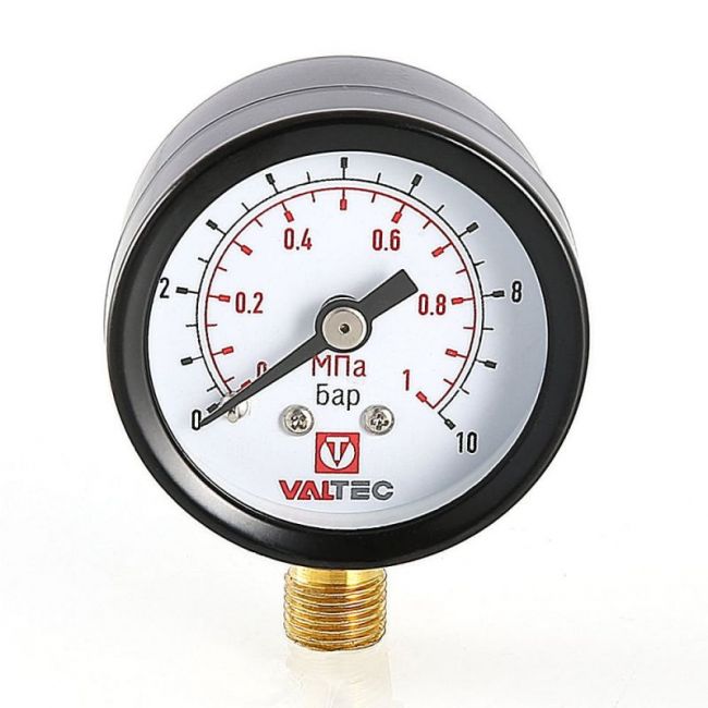 Манометр VT.TM40 Dy 40 с нижним подключением 1/8", 0-10 бар (для подпиточного клапана), Valtec, Резьба присоединения: 1/8", Диаметр корпуса,мм: 40, Диапазон измерений,бар: 0-10 