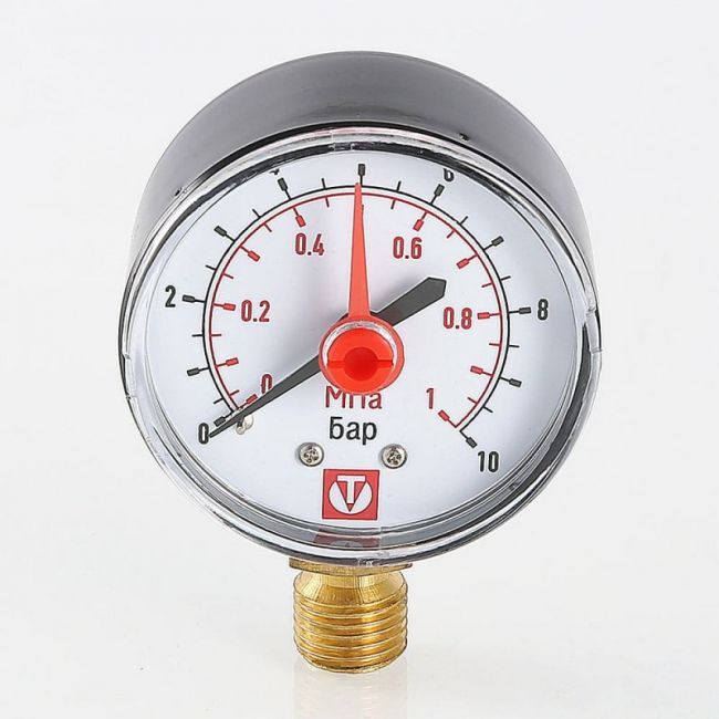 Манометр VT.TM50 Dy 50 с нижним подключением 1/4", 0-10 бар (для самоочищающегося фильтра), Valtec, Резьба присоединения: 1/4", Диаметр корпуса,мм: 50, Диапазон измерений,бар: 0-10 