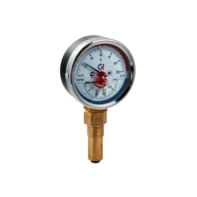 Термоманометр ТМТБ-31P с нижним подключением., 1/2", 0-120 °С, кл. точн. 2,5, 6 бар. Росма, Резьба присоединения: 1/2", Диаметр корпуса,мм: 80, Диапазон измерений,бар: 6, Диапазон измерений, °С: 0-120 