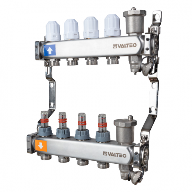Коллекторный блок из нержавеющей стали с регулирующими клапанами и расходомерами 1"х2 вых. евроконус 3/4".VTc.579.EMNX Valtec, Количество выходов: 2 
