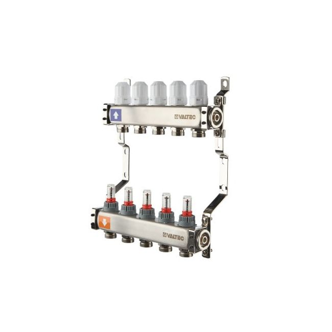 Коллекторный блок из нержавеющей стали с регулирующими клапанами и расходомерами без сервисной группы 1"х5 вых. евроконус 3/4". VTc.579.EMN Valtec, Количество выходов: 5 