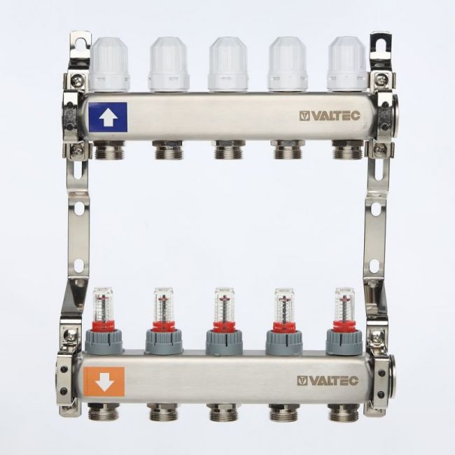 Коллекторный блок из нержавеющей стали с регулирующими клапанами и расходомерами без сервисной группы 1"х10 вых. евроконус 3/4". VTc.579.EMN Valtec, Количество выходов: 10 ,фото 2