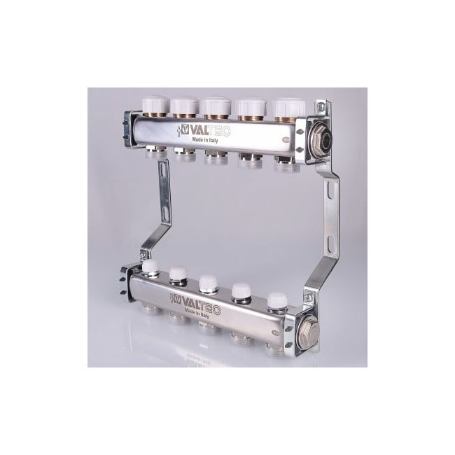 Коллекторный блок из нержавеющей стали с регулирующими и балансировочными клапанами 1"х5 вых.евроконус 3/4". VTc.582.EMNX Valtec, Количество выходов: 5 