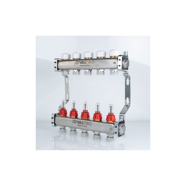 Коллекторный блок из нержавеющей стали с регулирующими клапанами и расходомерами 1"х5 вых. евроконус 3/4. VTc.584.EMNX Valtec, Количество выходов: 5 