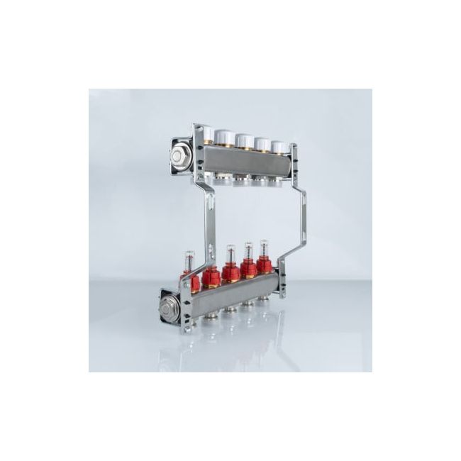 Коллекторный блок из нержавеющей стали с регулирующими клапанами и расходомерами 1"х5 вых. евроконус 3/4. VTc.584.EMNX Valtec, Количество выходов: 5 ,фото 2