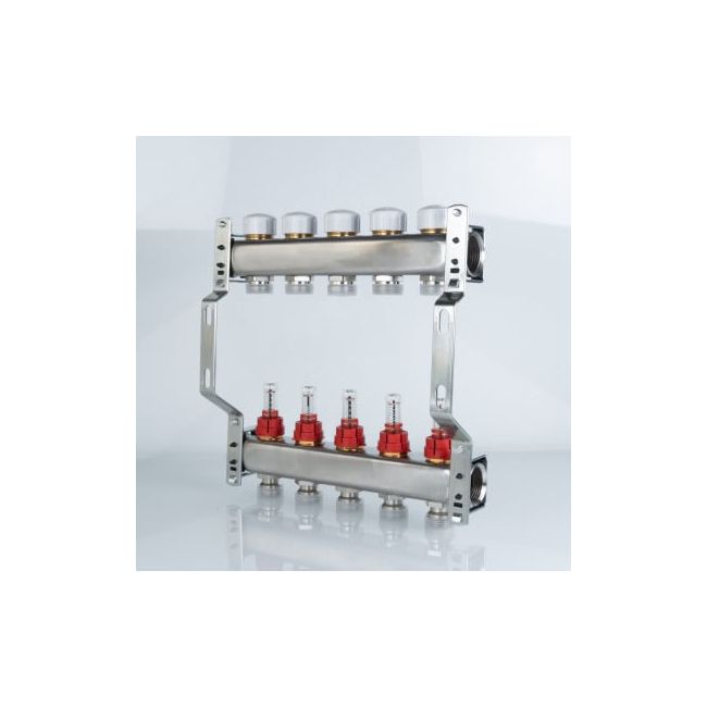 Коллекторный блок из нержавеющей стали с регулирующими клапанами и расходомерами 1"х8 вых. евроконус 3/4. VTc.584.EMNX Valtec, Количество выходов: 8 ,фото 4