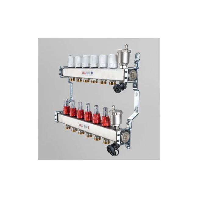 Коллекторный блок из нержавеющей стали с регулирующими клапанами и расходомерами 1"х10 вых. евроконус 3/4". VTc.586.EMNX Valtec, Количество выходов: 10 
