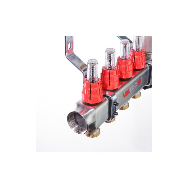 Коллекторный блок из нержавеющей стали с регулирующими клапанами и расходомерами 1"х5 вых. евроконус 3/4". VTc.586.EMNX Valtec, Количество выходов: 5 ,фото 6