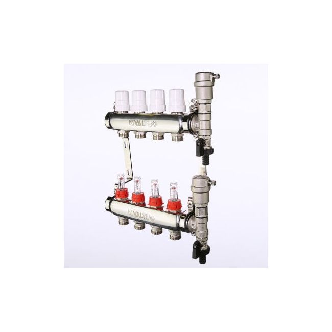 Коллекторный блок из нержавеющей стали с регулирующими клапанами и расходомерами 1"х7 вых. евроконус 3/4". VTc.589.EMNX Valtec, Количество выходов: 7 