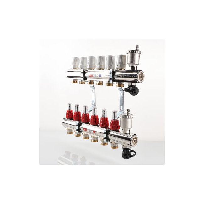 Коллекторный блок латунный с регулирующими клапанами и расходомерами 1"х4 вых. евроконус 3/4". VTc.596.EMNX Valtec, Количество выходов: 4 