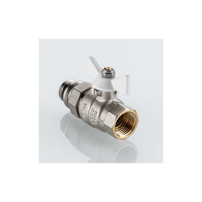 Кран шаровой BASE-ГОСТ со сгоном и штуцером с белой рукояткой-бабочкой вн.-нар. DN20, PN40, 3/4" 