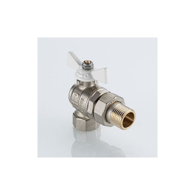 Кран шаровой BASE-ГОСТ угловой со сгоном с белой рукояткой-бабочкой вн.-нар. DN20, PN40, 3/4", Размер крана: 3/4" 