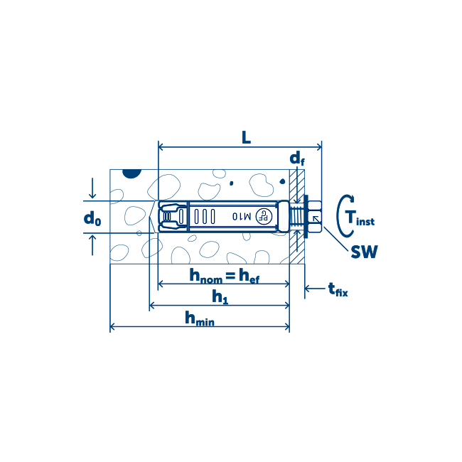 Анкер PFG LB с болтом для высоких нагрузок 10-85 Sormat, Метрическая резьба: M10, Диаметр анкера, мм: 16, Длина анкера L, мм: 140 